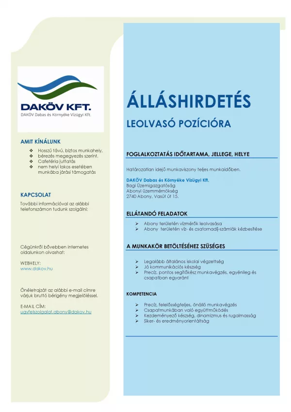 DAKÖV óraleolvasó álláslehetőség