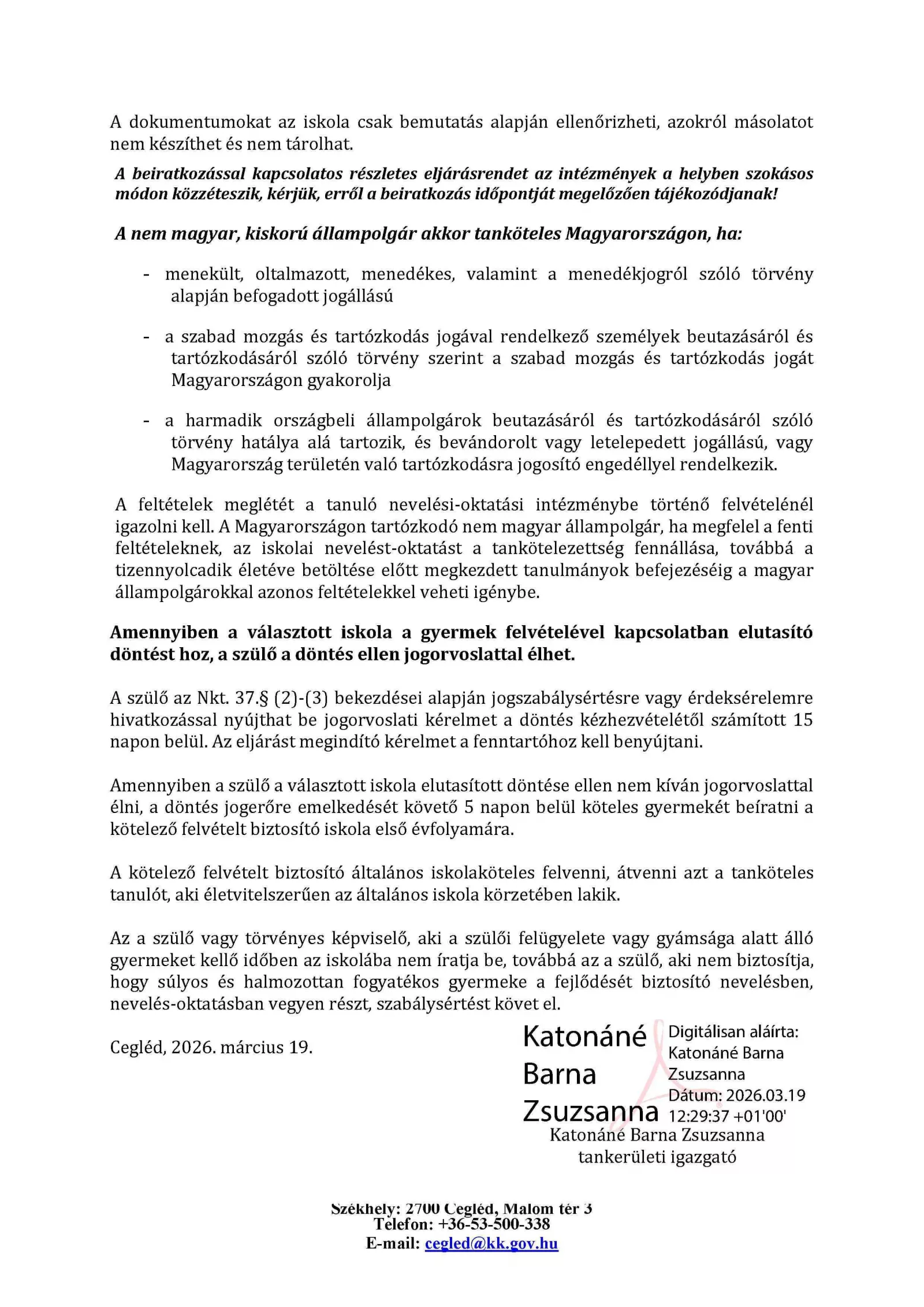 Hirdetmény 2026 27. általános iskolai beiratkozás Ceglédi Tankerületi Központ 2