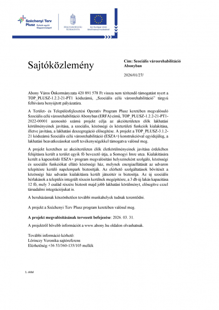 Szociális városrehabilitáció Abonyban