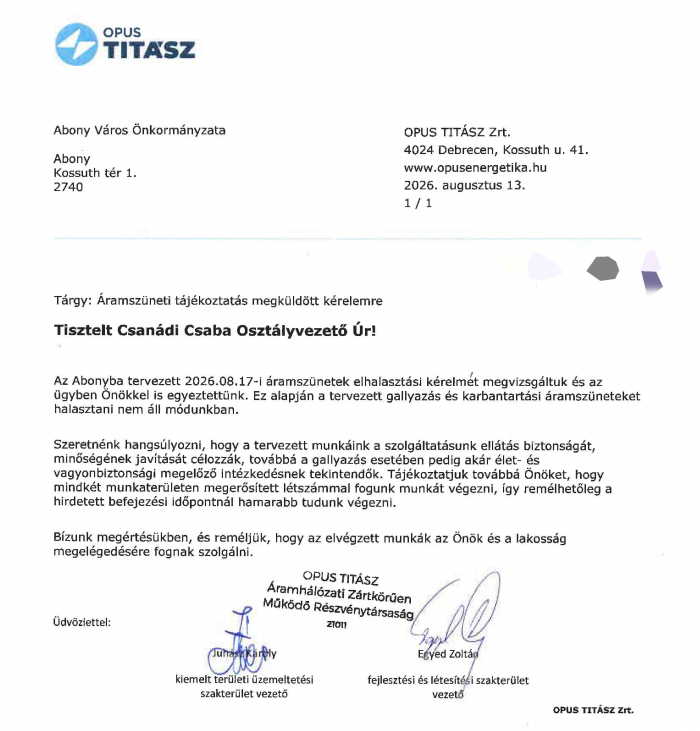 Figyelem! Hétfőn a dűlőkben több helyen is áramszünet lesz Abonyban