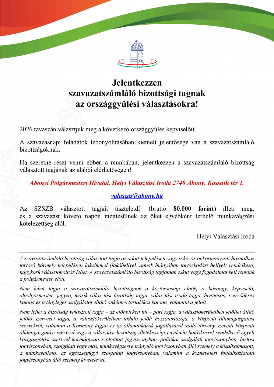 Hirdetmény- szavazatszámláló bizottsági tagnak jelentkezés