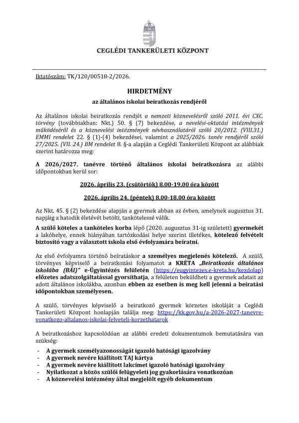 Beíratkozás- Hirdetmény