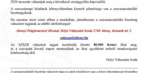 Hirdetmény- szavazatszámláló bizottsági tagnak jelentkezés Hirdetmény- szavazatszámláló bizottsági tagnak jelentkezés