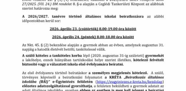 Beíratkozás- Hirdetmény
